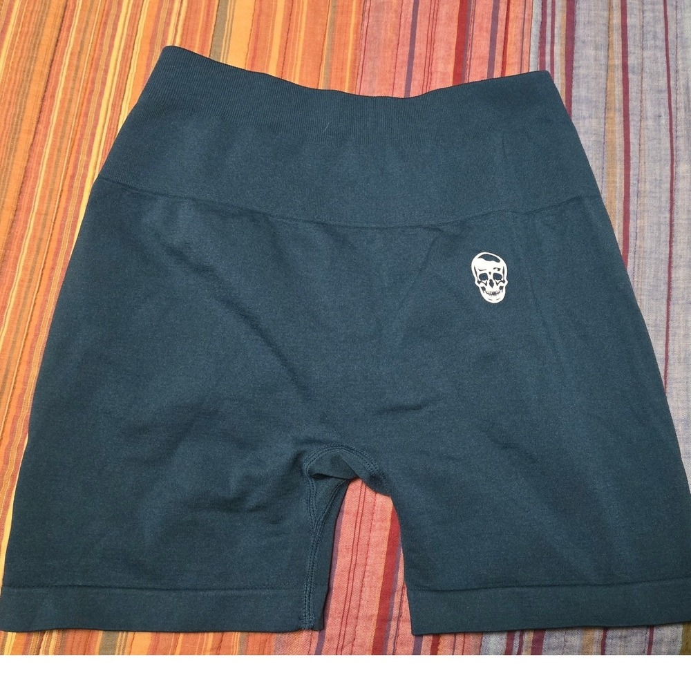 Gymreapers Women Seamless Scrunch Butt Workout Shorts Teal Blue Skull Logo Small